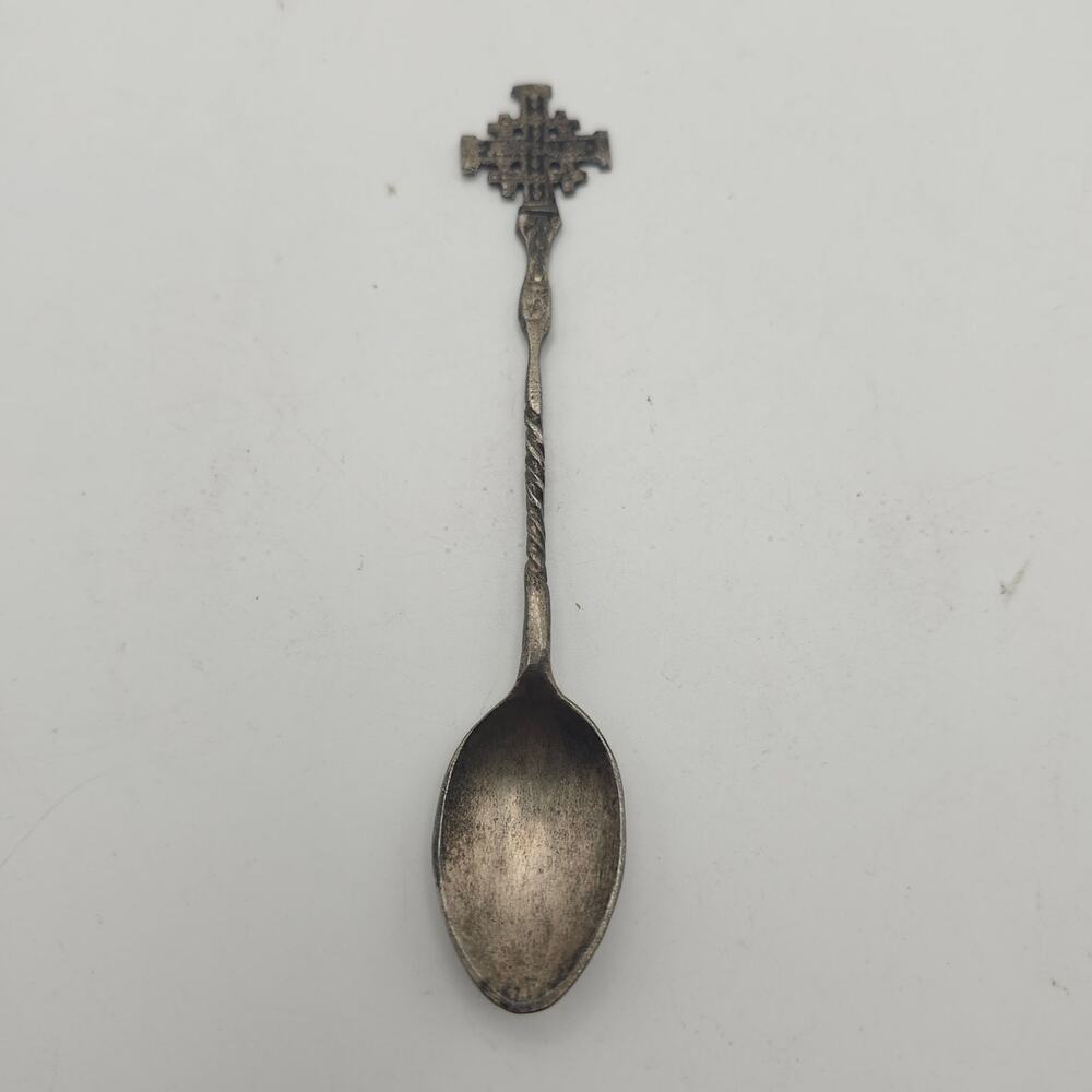 Jerusalem Cross Souvenir Spoon 4" Twisted Handle Holy Land Israel Silver Tone